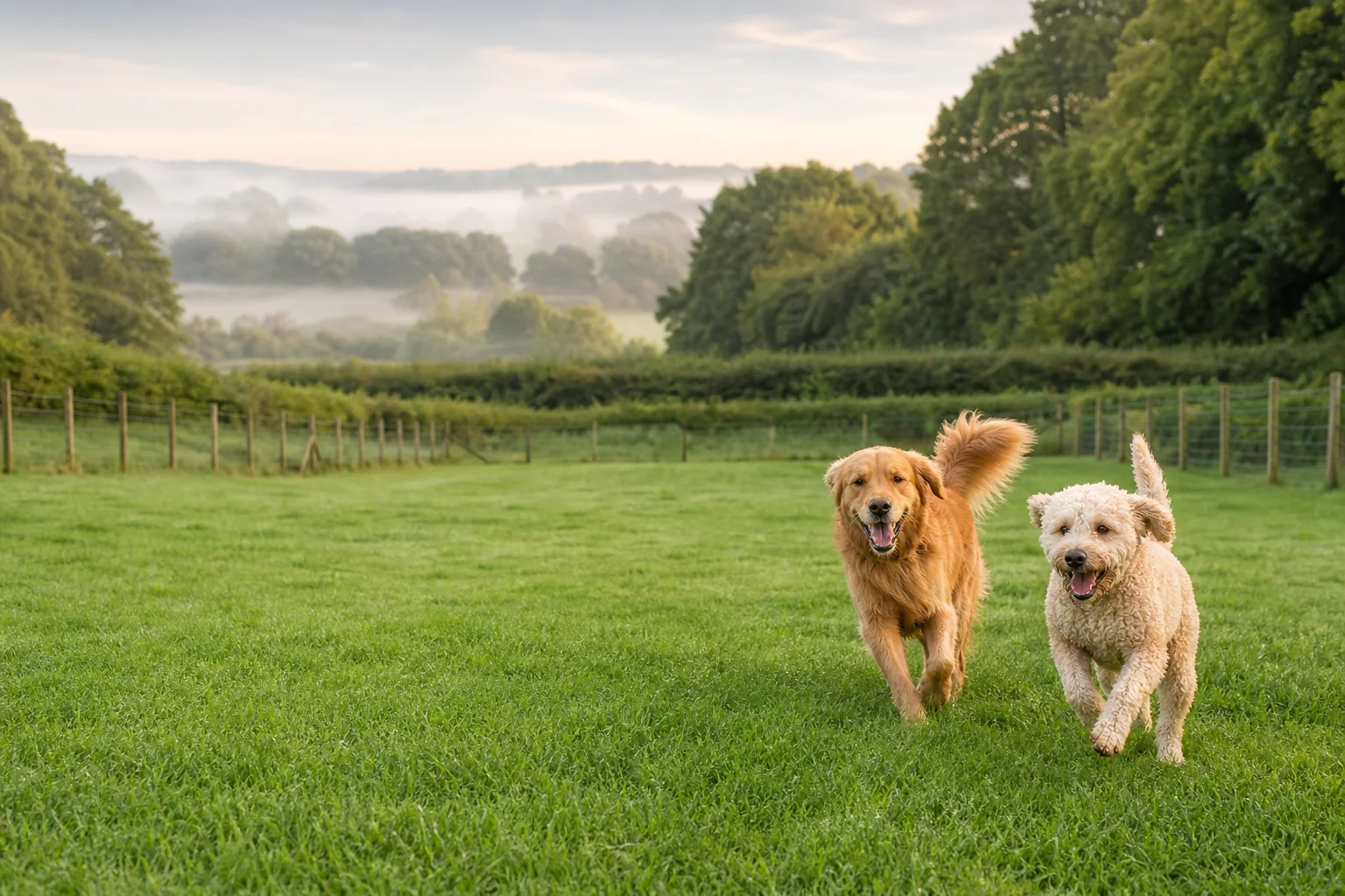 Two happy dogs running through a green private exercise field