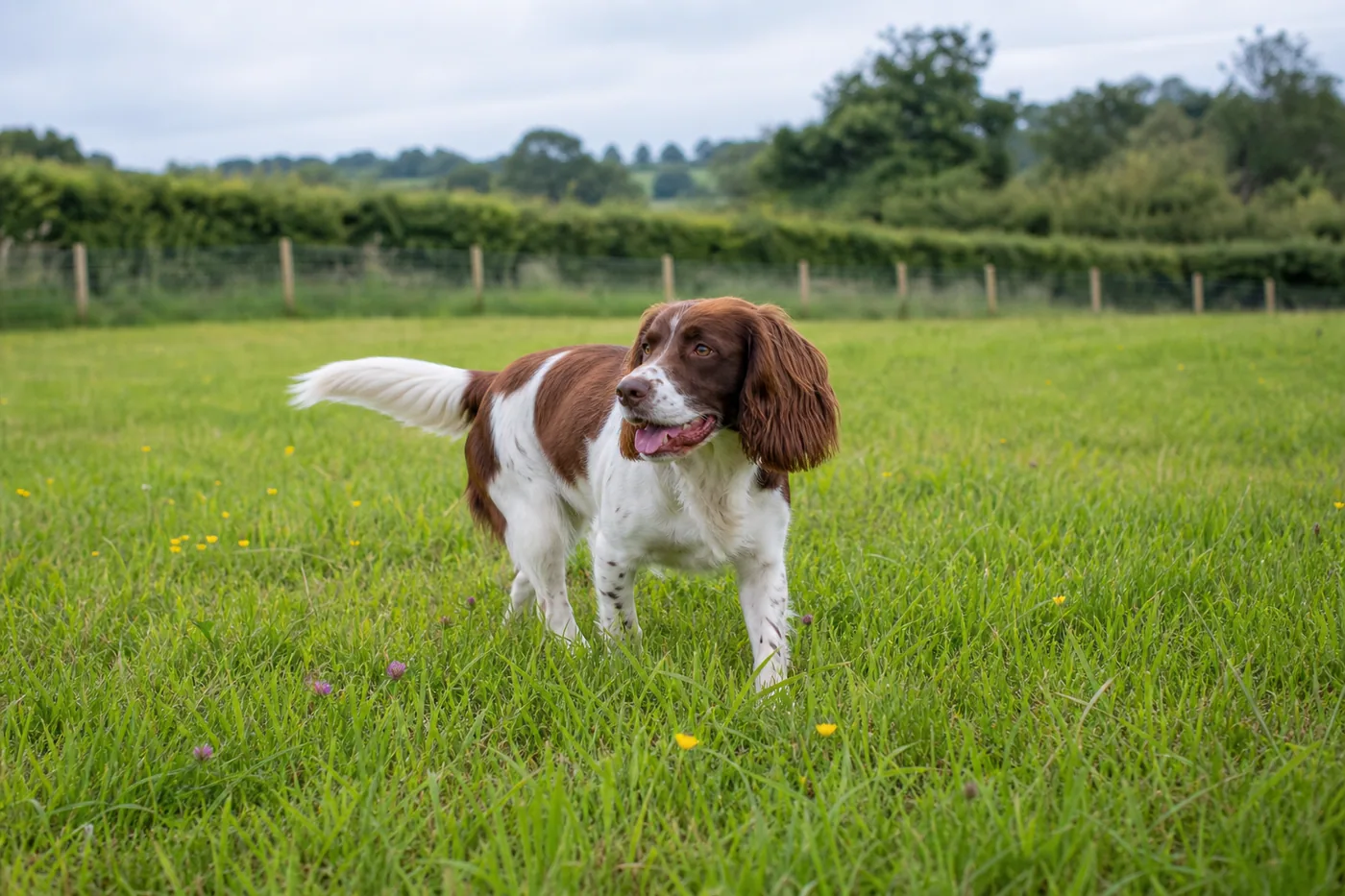 A spaniel exploring an open grassy dog exercise field